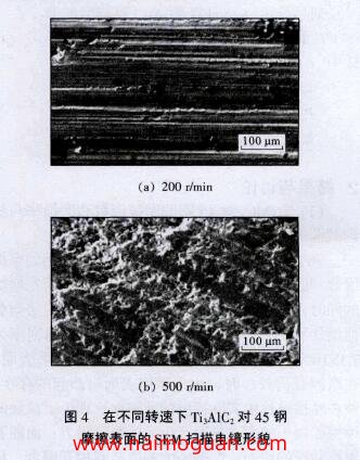 图4 在不同转速下Ti A1C 对45钢 摩擦表面的SEM扫描电镜形貌